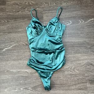 Express Teal Velvet V-Neckline Ruched Bust Pull-On Strapy Bodysuit Size XS